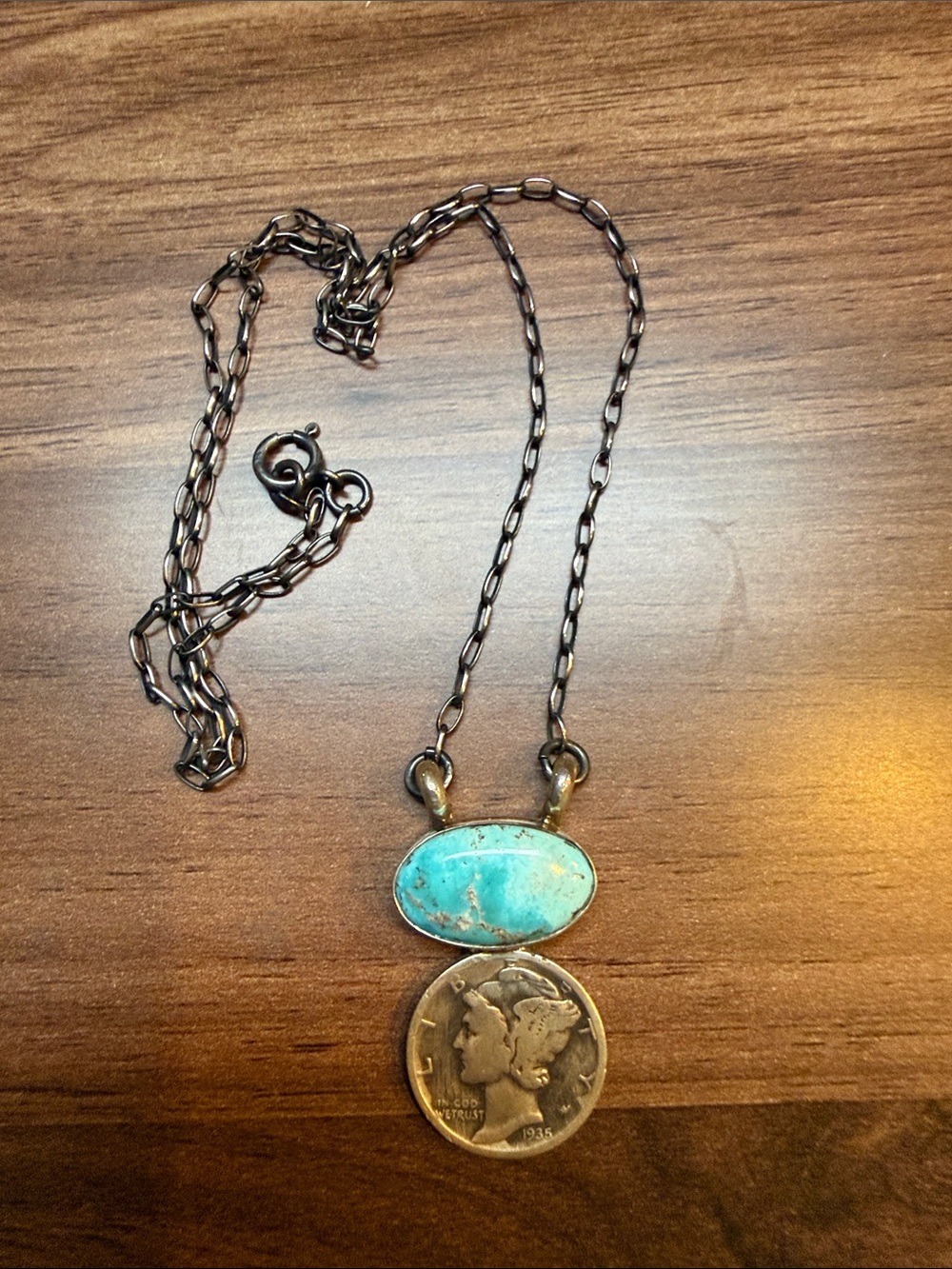 Turquoise Oval Pendant Necklace with Coin Charm - Women Jewelry